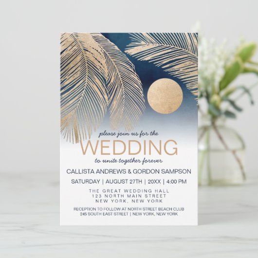 Chic Navy Blue Gold White Palm Tree Leaf Wedding Einladung (Stehend Vorderseite)