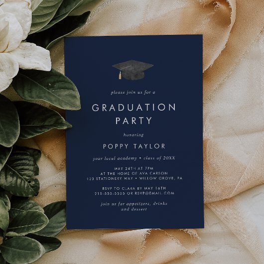 Chic Navy Blue Grad Cap Graduation Party Einladung
