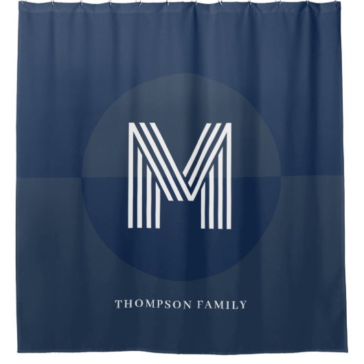 Chic Navy Blue Gray Geometric Modern Monogram Duschvorhang (Vorderseite)