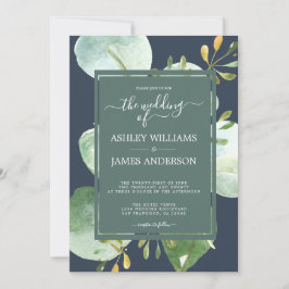 Chic Navy Blue Green Eucalyptus Botanical Wedding Einladung
