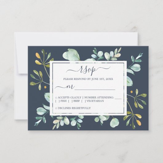 Chic Navy Blue Green Eucalyptus Botanical Wedding RSVP Karte (Vorderseite)