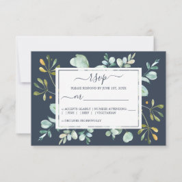Chic Navy Blue Green Eucalyptus Botanical Wedding RSVP Karte