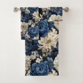 Chic Navy Blue Ivory Gold Flowers Bath Towel Badhandtuch Set (Insitu)