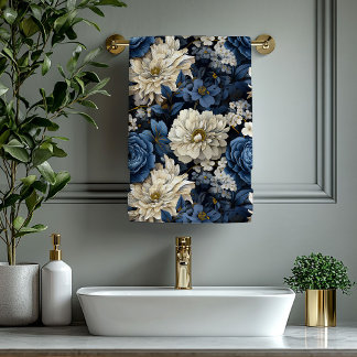 Chic Navy Blue Ivory Gold Flowers Bath Towel Badhandtuch Set