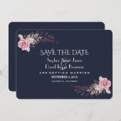 Chic Navy Blue Maroon Boho Floral Save the Date (Vorne/Hinten)