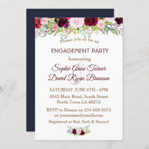 Chic Navy Blue Marsala Floral Engagement Party Einladung