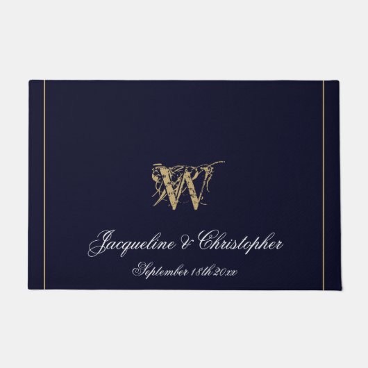 Chic Navy Blue Monogram Names Newlyweds Wedding Fußmatte (Vorderseite)