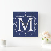 Chic Navy Blue Monogram Quadratische Wanduhr (Zuhause)