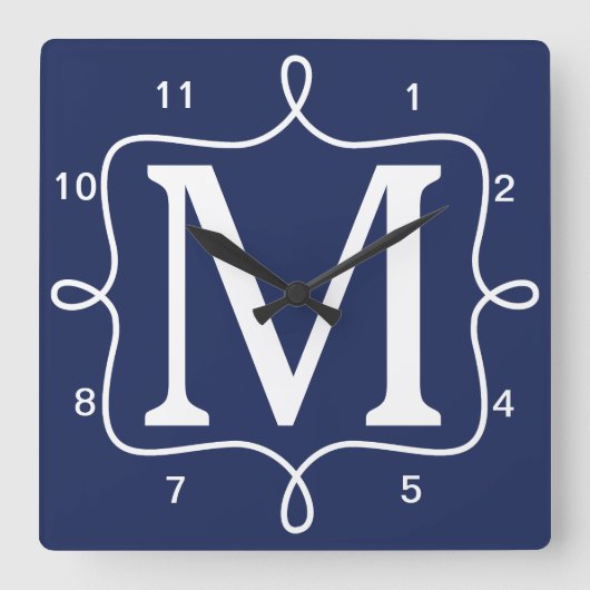 Chic Navy Blue Monogram Quadratische Wanduhr (Vorderseite)