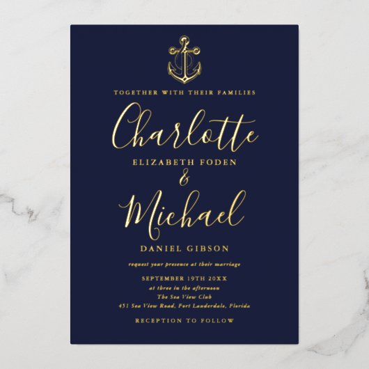 Chic Navy Blue Nautical Anchor Wedding Gold Foil Folieneinladung (Vorderseite)