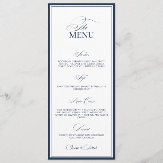 Chic Navy Blue Old Money Wedding Dinner Menu Card Menükarte (Vorderseite)