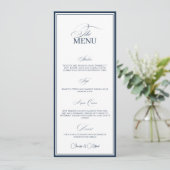 Chic Navy Blue Old Money Wedding Dinner Menu Card Menükarte (Stehend Vorderseite)
