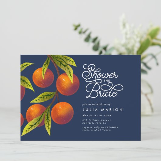 Chic Navy Blue Orange Citrus Brautparty Einladung (Stehend Vorderseite)