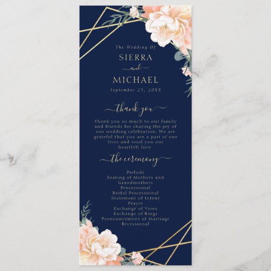 Chic Navy Blue Peach Cream Gold Geometric Wedding Programm (Vorderseite)