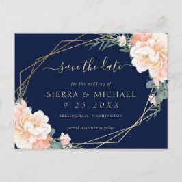 Chic Navy Blue Peach Gold Floral Save the Date Ankündigungspostkarte