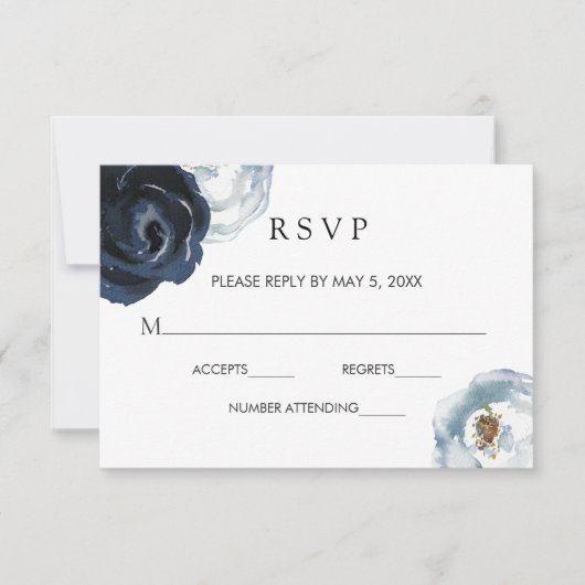 Chic Navy Blue Peony Floral Wedding RSVP Card Karte (Vorderseite)