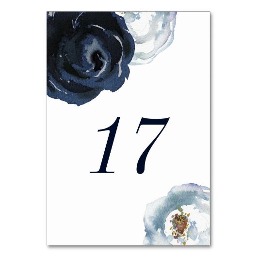 Chic Navy Blue Peony Floral Wedding Tischnummer (Rückseite)