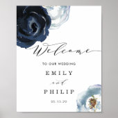 Chic Navy Blue Peony Floral Wedding Willkommen Poster (Vorne)