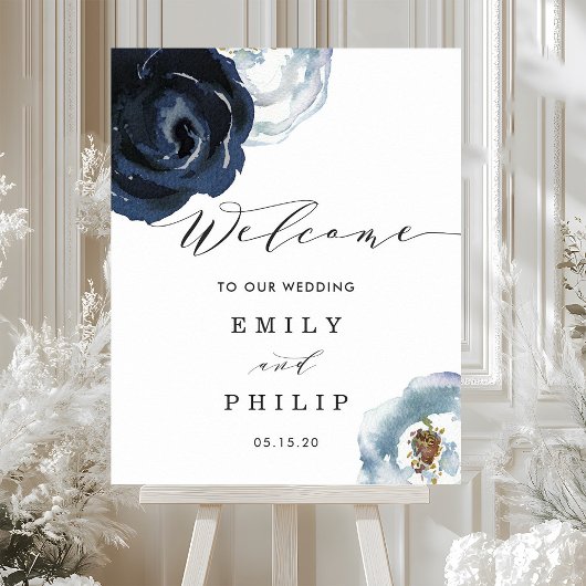 Chic Navy Blue Peony Floral Wedding Willkommen Poster
