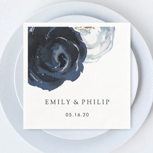 Chic Navy Blue Peony Floral Wedpaper Napkin Serviette