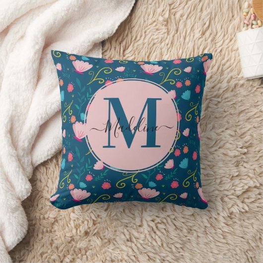Chic Navy Blue Pink Butterfly Blume Monogram Kissen (Decke)
