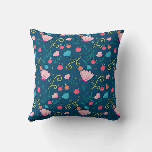 Chic Navy Blue Pink Butterfly Blume Monogram Kissen (Rückseite)