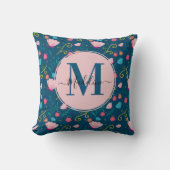 Chic Navy Blue Pink Butterfly Blume Monogram Kissen (Vorderseite)