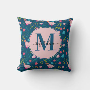 Chic Navy Blue Pink Butterfly Blume Monogram Kissen