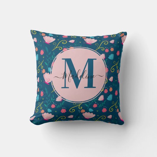 Chic Navy Blue Pink Butterfly Blume Monogram Kissen (Vorderseite)