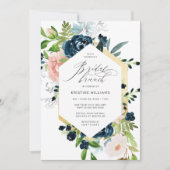 Chic Navy Blue Pink Rose Floral Bridal Brunch Einladung (Vorderseite)