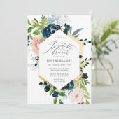 Chic Navy Blue Pink Rose Floral Bridal Brunch Einladung (Stehend Vorderseite)