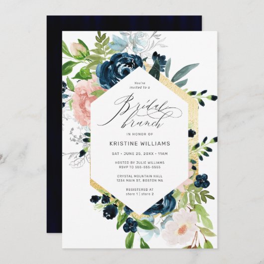 Chic Navy Blue Pink Rose Floral Bridal Brunch Einladung (Vorne/Hinten)