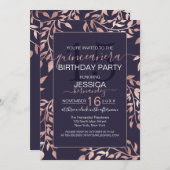 Chic Navy Blue Rose Gold Floral Blätter Quinceañer Einladung (Vorne/Hinten)