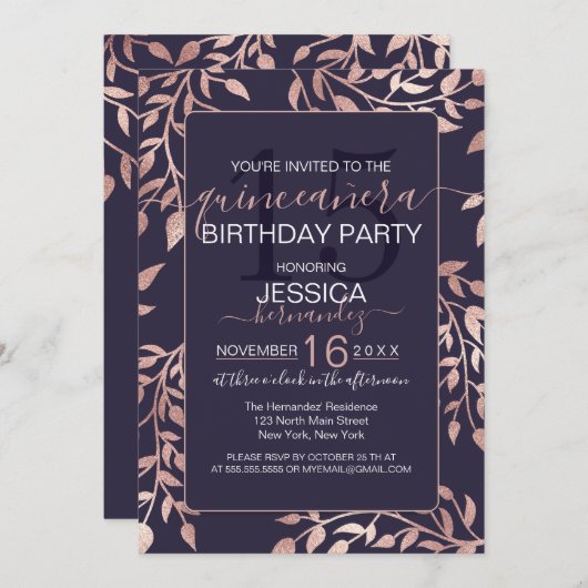Chic Navy Blue Rose Gold Floral Blätter Quinceañer Einladung (Vorne/Hinten)