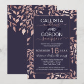 Chic Navy Blue Rose Gold Floral Blätter Verlobung Einladung (Vorne/Hinten)
