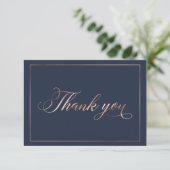 Chic Navy Blue & Rose Gold Foil Calligrafy Script Dankeskarte (Stehend Vorderseite)