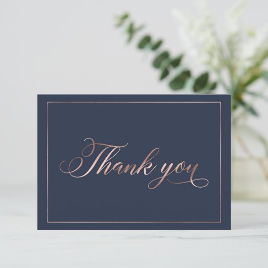 Chic Navy Blue & Rose Gold Foil Calligrafy Script Dankeskarte (Stehend Vorderseite)