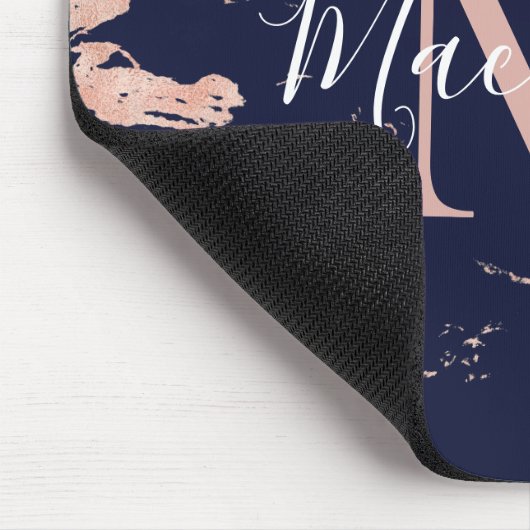 Chic Navy Blue Rose Gold Foil Marmor Monogram Mousepad (Ecke)