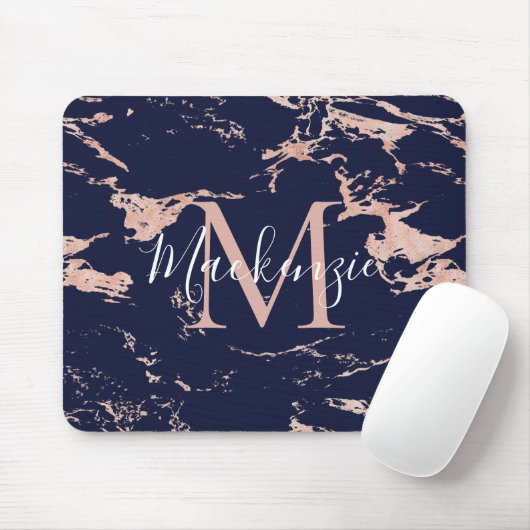 Chic Navy Blue Rose Gold Foil Marmor Monogram Mousepad (Mit Mouse)