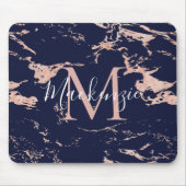Chic Navy Blue Rose Gold Foil Marmor Monogram Mousepad (Vorne)