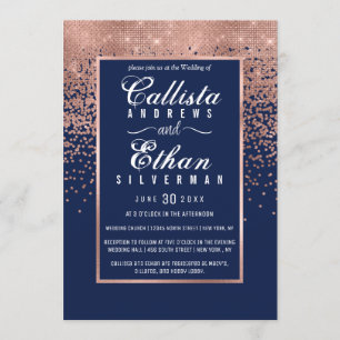 Chic Navy Blue Rose Gold Glitzer Confetti Wedding Einladung