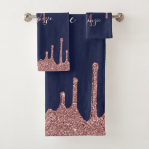 Chic Navy Blue Rose Gold Glitzer Sparkone Tropfen Badhandtuch Set