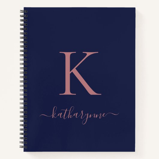 Chic Navy Blue Rose Gold Pink Monogram Name Notizblock (Vorderseite)