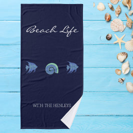 Chic Navy Blue Sea Life Family Name House Badhandtuch Set