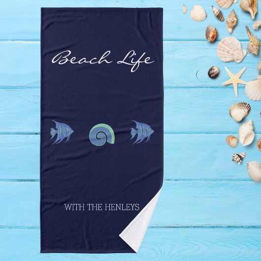 Chic Navy Blue Sea Life Family Name House Badhandtuch Set