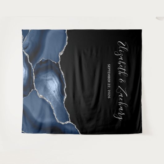 Chic Navy Blue Silver Agate Wedding Foto Booth Wandteppich (Vorderseite (Horizontal))