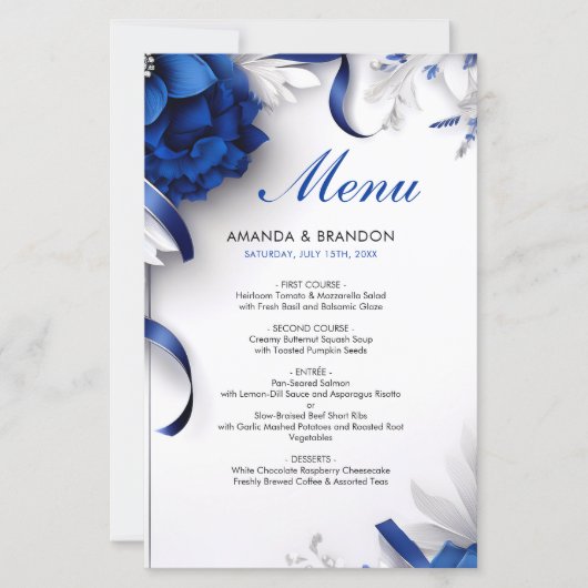 Chic Navy Blue & Silver Blume Ribbons Hochzeit (Vorderseite)