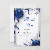 Chic Navy Blue & Silver Blume Ribbons Hochzeit Dankeskarte (Vorderseite)
