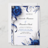 Chic Navy Blue & Silver Blume Ribbons Hochzeit Einladung (Vorderseite)