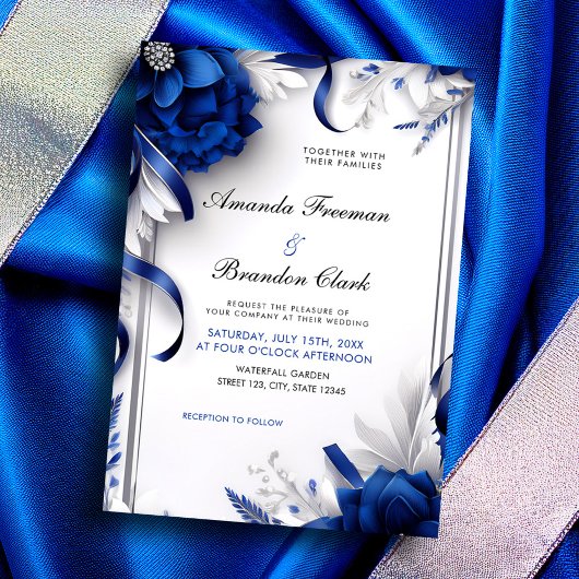 Chic Navy Blue & Silver Blume Ribbons Hochzeit Einladung